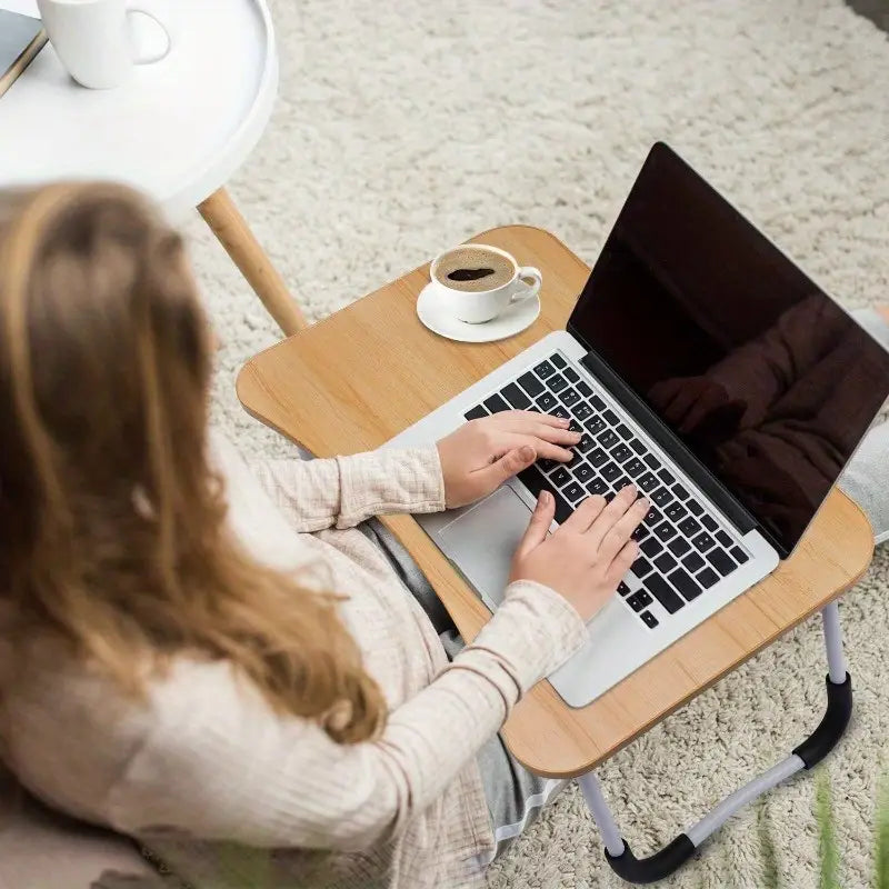 Laptop Table Foldable with Tablet Groove & Cup Slot | Beige Color | Multi-Purpose Desk for Work, Study, and Meals