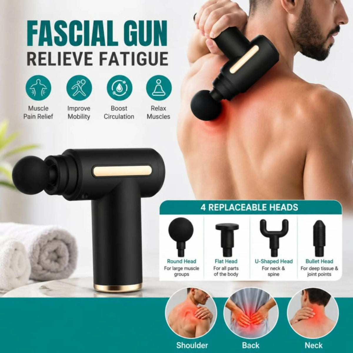 Deep Tissue Massage Gun Pro Muscle Relief (4 Heads)